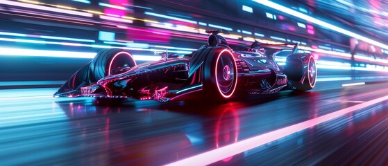 Futuristic racer on neon-lit track, dynamic angle, speed blur, 3D graphics - obrazy, fototapety, plakaty