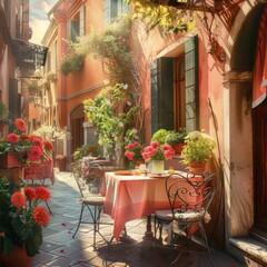 Un classico ristorante italiano situato in un pittoresco vicolo storico adornato di fiori - 781494386