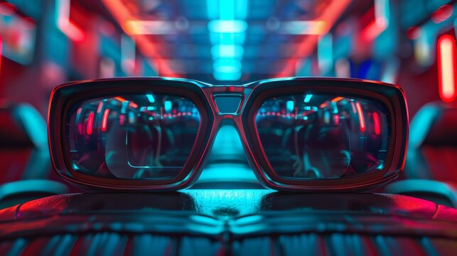 Futuristic home cinema, 3D movie holograms, dim ambient light, eye-level, immersive film experience