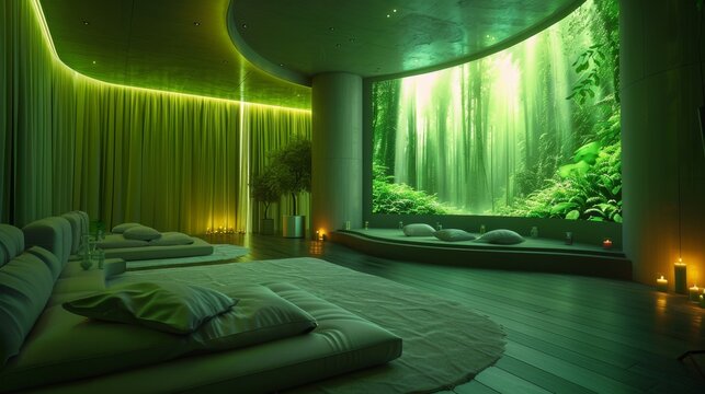 Futuristic home cinema, 3D movie holograms, dim ambient light, eye-level, immersive film experience