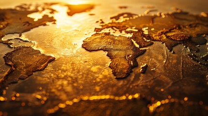 Gold backdrop, jigsaw of global trade routes, dawn lighting, aerial perspective, interconnected economies