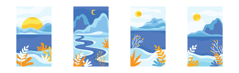Obraz premium Blue Day and Night Abstract Landscape with Mountains and Sun with Crescent in the Sky Vector Set