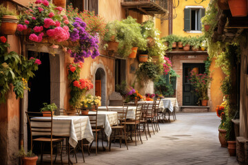 Tipico ristorante italiano nel vicolo storico con vasi di fiori - 781494556