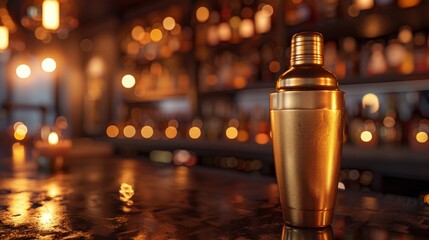 Gold cocktail shaker on black bar, candlelight, close-up, speakeasy vibe
