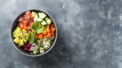 Poke bowl with fresh tuna, rice, cucumber, avocado, herbs and sesame on a gray background with copy space. Hawaiian traditional dish
