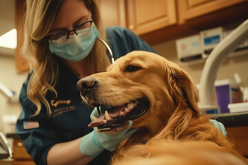 Dentista che esegue un controllo dentale su un cane - 781494901