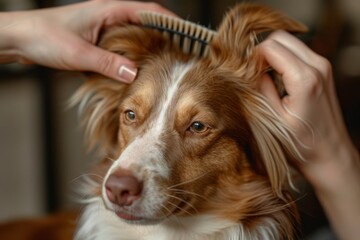 cane viene spazzolato con cura durante una visita al salone di toelettatura - 781494963