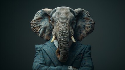 Creative portrait of an elephant head on a suited body against a dark background