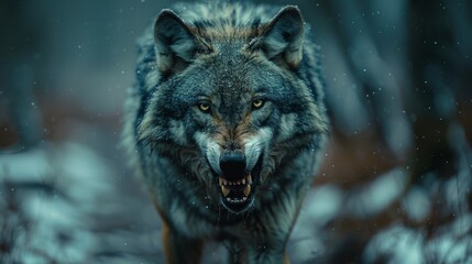Fierce wolf staring in snowy forest