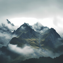 A mountain range shrouded in mist.