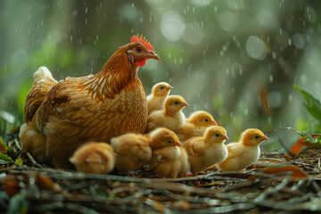 A mother hen gathering her chicks under her wings, sheltering them from the storm with unconditional love and protection, amidst the harsh winds and pouring rain.  Generative Ai.