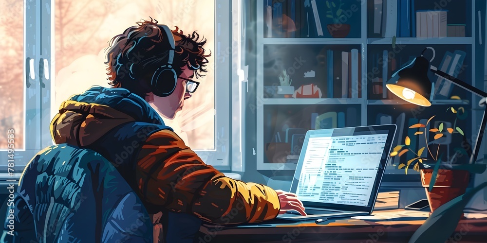 Poster focused student participating in virtual classroom with organized workspace and live lecture display