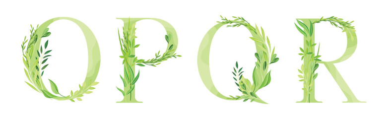 Alphabet Letter Decorated with Green Foliage and Leaf Vector Set