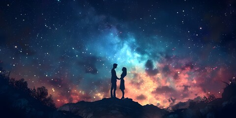 Romantic Cosmic Proposal Under Distant Supernova Illuminating Silhouetted Couple Gazing Into Vast Starry Night Sky