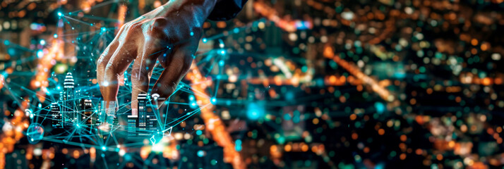 Open hand with futuristic city overlaid with network connections, depicting smart city and connectivity concepts. Banner. Copy space