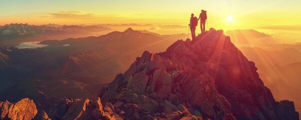 Hikers enjoying sunrise on mountain summit - obrazy, fototapety, plakaty