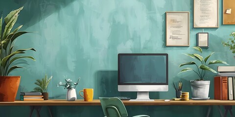 Cozy and Organized Home Study Space with Computer and Cup of Coffee for Online Learning and Productivity