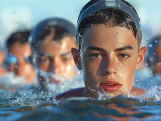 A young man is swimming in a pool with other people. He is wearing goggles and a swim cap - obrazy, fototapety, plakaty