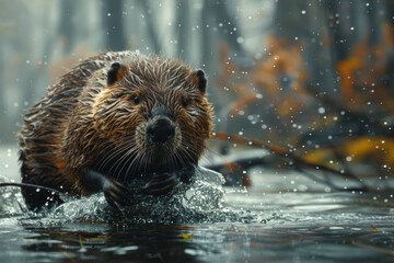 A diligent beaver constructing a dam on a rushing river, tirelessly hauling logs and mud to shape the landscape and create a habitat for its family.  Generative Ai. - obrazy, fototapety, plakaty