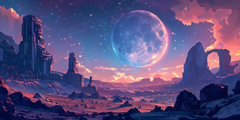 Futuristic Explorers Discover Ancient Ruins on Desolate Alien Moon with Dramatic Cosmic Landscape and Breathtaking Atmosphere - obrazy, fototapety, plakaty