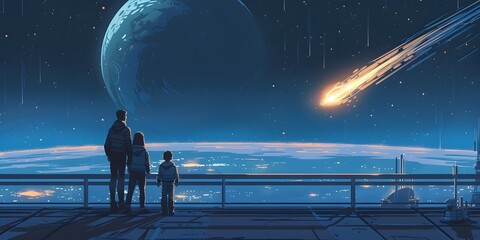 Space Station Family Watches Comet Streak Across Starry Skies Over Majestic Planet Earth from Observation Deck - obrazy, fototapety, plakaty