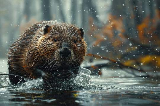 A diligent beaver constructing a dam on a rushing river, tirelessly hauling logs and mud to shape the landscape and create a habitat for its family.  Generative Ai.