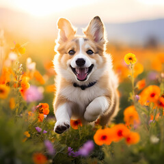 A playful puppy running through a field of wildflower