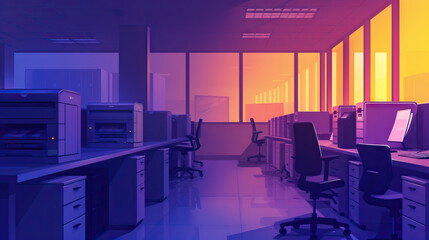 Dormant Office Space: Vacant Cubicles, Silent Printers, and Darkened Conference Rooms, Ready for the Next Workday