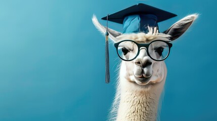 Fototapeta premium Celebrate milestones with our scholarly llama! Graduation cap, blue backdrop, front view. Perfect for proud moments