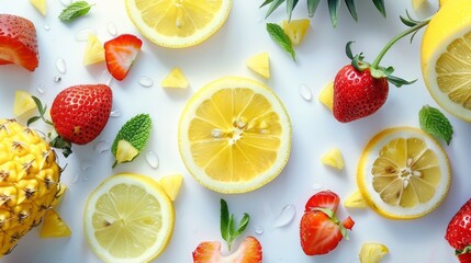 lemon, pineapple, strawberry top view, summer background, international fruits day - obrazy, fototapety, plakaty