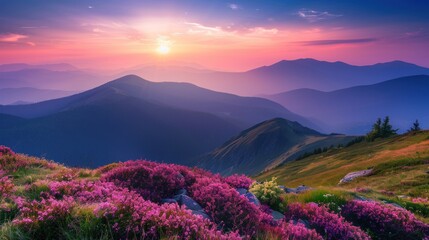 Fototapeta na wymiar Mountains during flowers blossom and sunrise flowers on the mountain hills beautiful natural landscape