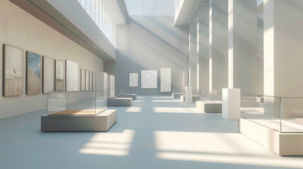 Obraz premium Vacant Exhibition Hall: Empty Display Cases, Silent Art Pieces, and Still Museum Atmosphere, Anticipating the Next Art Showcase