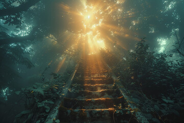 Fototapeta premium A ladder reaching towards the heavens, depicting ambition and aspiration as it climbs towards new heights and possibilities. Concept of ambition and growth. Generative Ai.