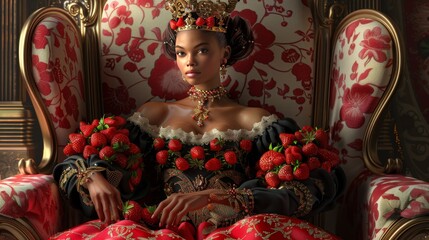 Queen strawberry in regal gown, throne room, dignified pose, berry subjects - obrazy, fototapety, plakaty
