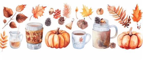 Set a cozy mood with watercolor clipart of autumn-themed elements like leaves, pumpkins, and hot drinks