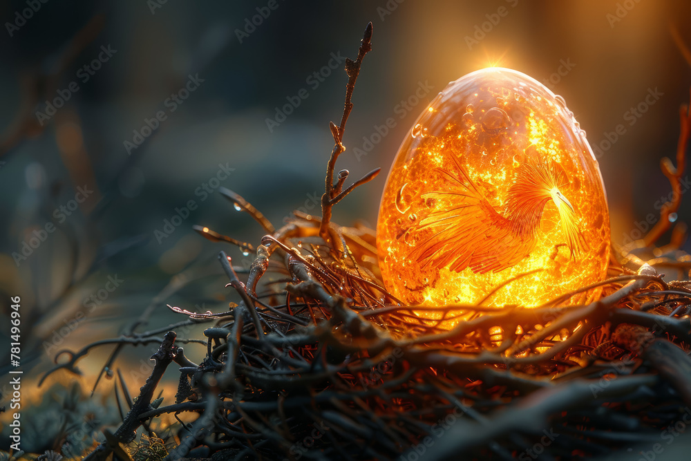 Wall mural a phoenix egg nestled in a nest of twigs and feathers, waiting to hatch and unleash the power of reb