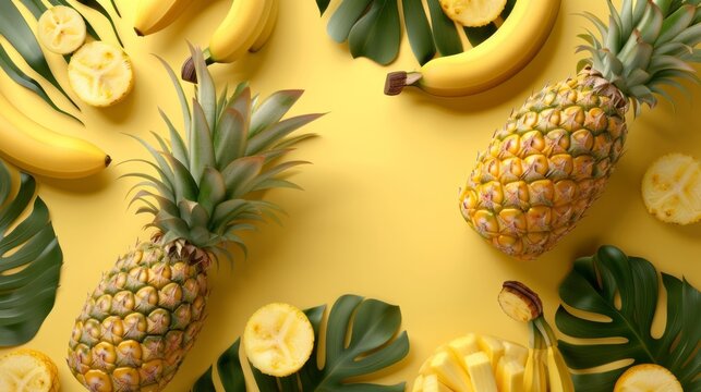 pineapple, banana, top view, summer background, international fruits day. Top View of Fresh pineapple and banana Pile on Background