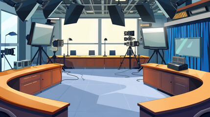Naklejka premium Silent Broadcast Studio: Vacant Anchor Desks, Quiet Teleprompters, and Still Camera Setups, Ready for the Next Live Broadcast