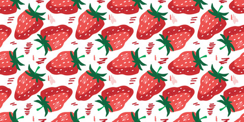 Seamless Red Strawberry pattern. Vector red sweet juicy berries organic food. Scribble style with fresh fruit for healthy diet. Summer tropical prints for textile, wallpaper, packing, wrapping