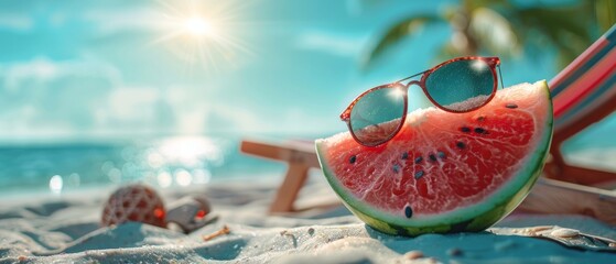 Watermelon slice on vacation, beach chair, sunglasses on, laid-back joy - obrazy, fototapety, plakaty