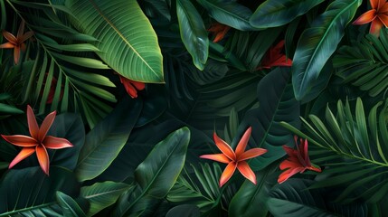 Tropical leaves and flowers on dark background