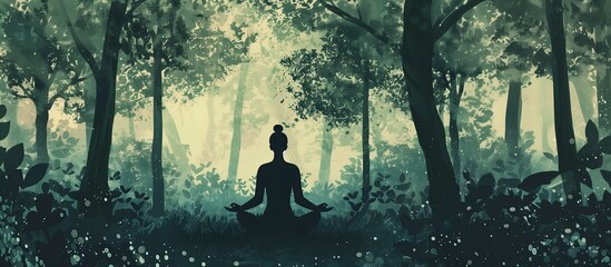 Silhouette of a woman sitting in an atomosphere forest in the lotus position, surrounded by trees and leaves, a person meditating. Calming background with copy space - obrazy, fototapety, plakaty
