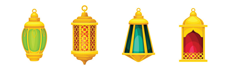 Arab Lantern with Golden Frame and Hoop Vector Set