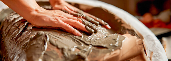 Careful hands sculpt therapeutic mud on client's back, spa wellness concept. Maasage treatments...