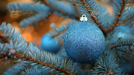 Naklejka premium A blue christmas ball hangs tree