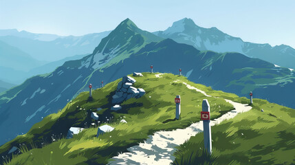Vacant Mountain Summit: Empty Trail Markers, Silent Wind, and Still Panoramic Views, Awaiting the Next Adventurous Hike