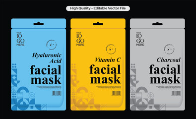 Facial mask packaging design mask label design hyaluronic acid face mask design, vitamin c, charcoal mask design, skin care product label, cosmetic packaging illustration print ready file