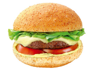 hambúrguer de carne bovina com alface, queijo, tomate e maionese no pão artesanal isolado em...