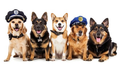 Dogs don police outfits on white background. Adorable law enforcers to melt your heart. - obrazy, fototapety, plakaty