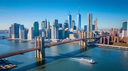 Iconic New York City Landscape, Manhattan and Brooklyn Bridges Towering Over East River Amidst...